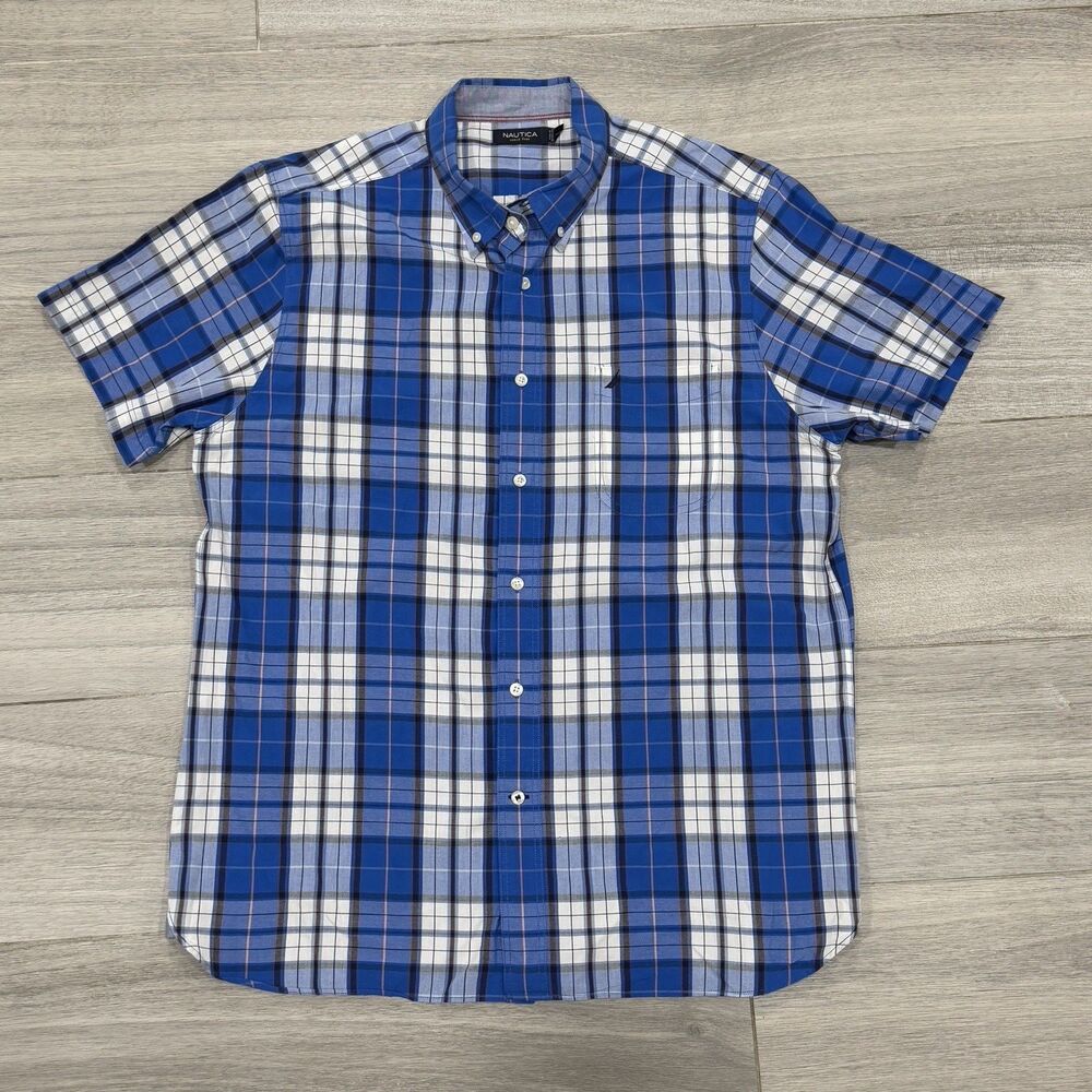 Nautica Men’s Dress Shirt L Striped Blue Plaid Button NWT Short Sleeve